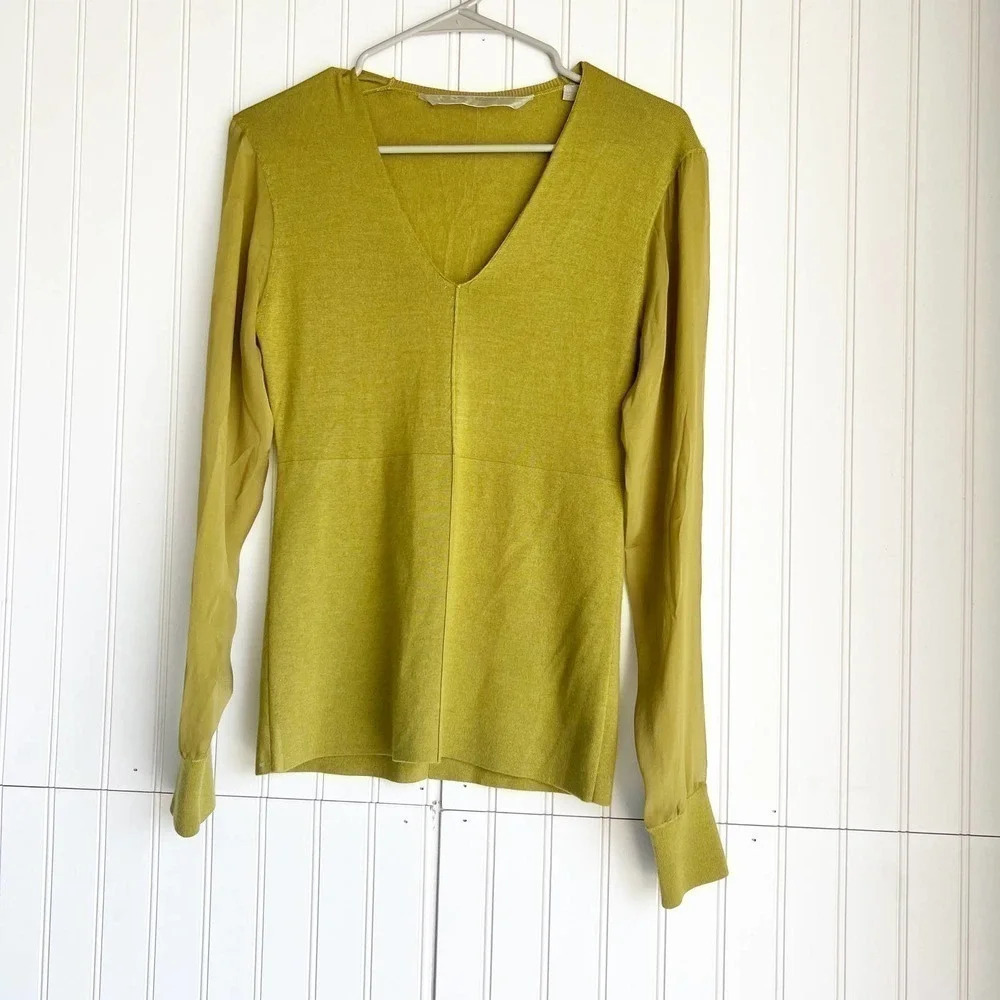 Reed Krakoff Sz XS Green Cashmere Wool V Neck Sheer Silk Long Sleeve Sweater Top
